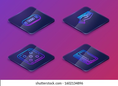 Set Isometric line Poker table, Game dice, Hand holding deck of playing cards and Deck of playing cards. Blue square button. Vector