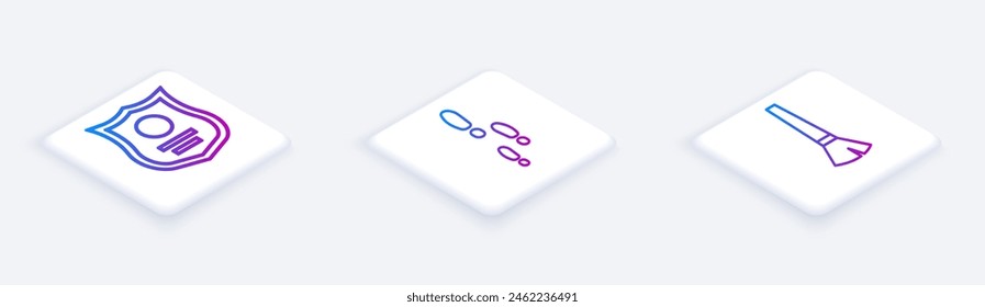 Set Isometric line Police badge, Footsteps and Paint brush. White square button. Vector