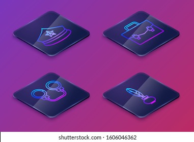 Set Isometric line Police cap with cockade, Handcuffs, Briefcase and Feather and inkwell. Blue square button. Vector