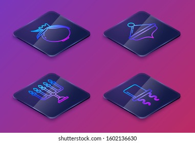 Set Isometric line Pomegranate, Hanukkah menorah, Hanukkah dreidel and Orthodox jewish hat with sidelocks. Blue square button. Vector