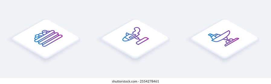 Set Isometric line Pool with balls, Swing plane and boat. White square button. Vector