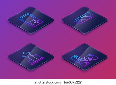 Set Isometric line Portable video game console, Star, Like and heart and Game console with joystick. Blue square button. Vector