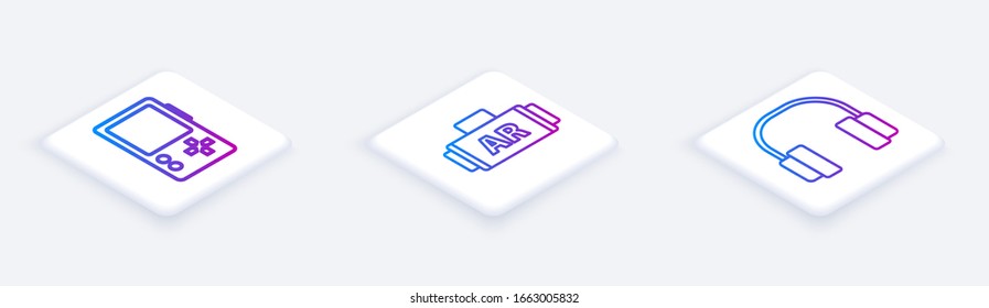 Set Isometric line Portable video game console, Ar, augmented reality and Headphones. White square button. Vector