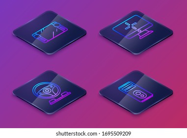 Set Isometric line Portable video game console, Racing simulator cockpit, Computer monitor and Computer. Blue square button. Vector