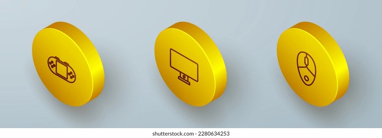 Set Isometric line Portable video game console, Computer monitor and mouse icon. Vector