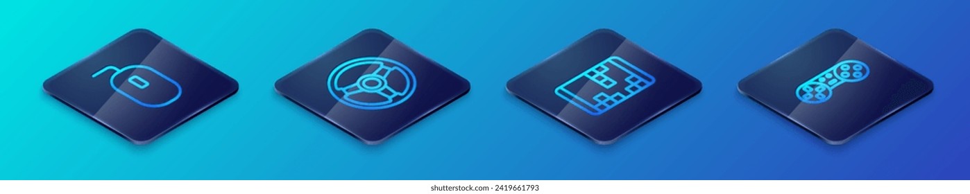 Set Isometric line Portable video game console, Computer mouse, Game controller joystick and Racing simulator icon. Vector