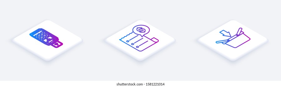 Set Isometric line POS terminal with printed reciept and confirms the payment by smartphone, Paper check and financial check and Shopping basket. White square button. Vector