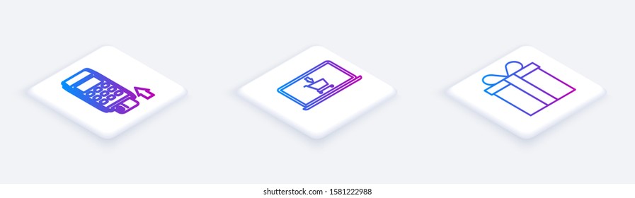 Set Isometric line Pos terminal with inserted credit card, Shopping cart on screen laptop and Gift box. White square button. Vector