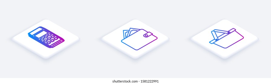 Set Isometric line Pos terminal, Wallet with stacks paper money cash and Shopping basket. White square button. Vector