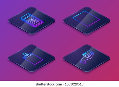 Set Isometric line Pos terminal, Paper shopping bag, Paper shopping bag and Human hand holding with credit card. Blue square button. Vector