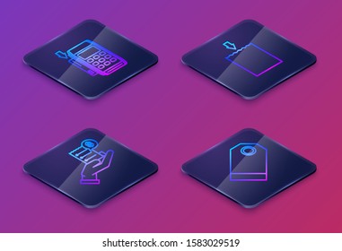 Set Isometric line Pos terminal with inserted credit card, Human hand holding with blank receipt or bill for payment, Paper shopping bag and Blank label template price tag. Blue square button. Vector