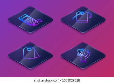 Set Isometric line Pos terminal with inserted credit card, Blank label template price tag, Blank label template price tag and Human hand holding with credit card. Blue square button. Vector