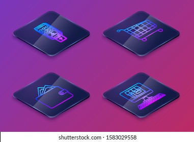 Set Isometric line POS terminal with printed reciept and confirms the payment by smartphone, Wallet with stacks paper money cash, Shopping cart and Shopping building on screen computer. Vector