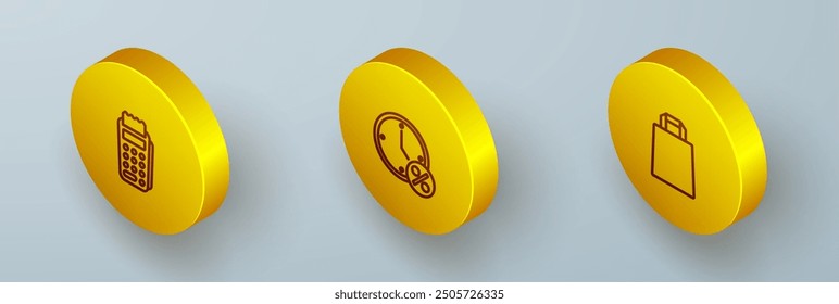 Set Isometrische Linie POS Terminal, Uhr und Prozent Rabatt und Papier Einkaufstasche Symbol. Vektorgrafik