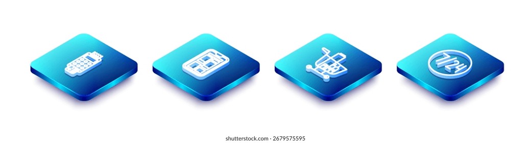 Set Isometric line POS terminal with credit card, Online shopping on phone, Shopping cart and food and Clock 24 hours icon. Vector
