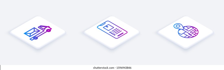 Set Isometric line Post truck , Mobile phone with app delivery tracking  and Placeholder on map paper in perspective . White square button. Vector