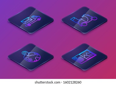 Set Isometric line Post truck , Worldwide , Scooter delivery  and Postcard . Blue square button. Vector