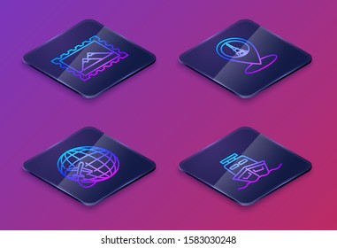 Set Isometric line Postal stamp and Mountains, Globe with flying plane, Map pointer with Eiffel tower and Ship. Blue square button. Vector