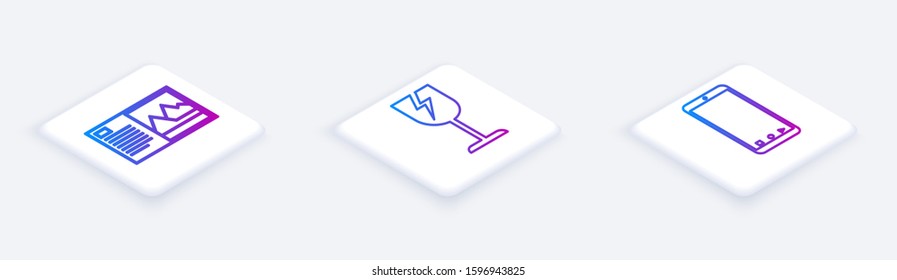 Set Isometric line Postcard , Fragile broken glass symbol and Mobile phone with app delivery tracking. White square button. Vector