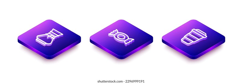 Set Isometric line Pour over coffee maker, Candy and Coffee cup to go icon. Vector