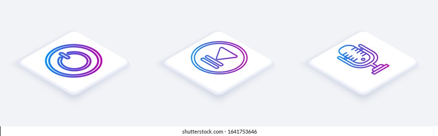 Set Isometric line Power button, Rewind and Microphone. White square button. Vector
