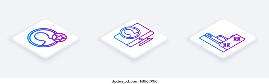 Set Isometric line Premium create account screen, Create account screen and Game console with joystick. White square button. Vector
