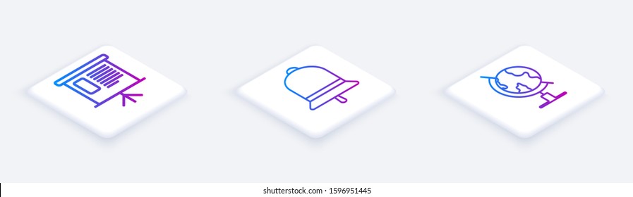 Set Isometric line Presentation financial board with graph, schedule, chart, diagram, infographic, pie graph, Ringing bell and Earth globe. White square button. Vector