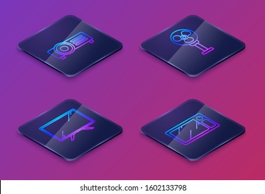 Set Isometric line Presentation, movie, film, media projector , Smart Tv , Electric fan  and Microwave oven . Blue square button. Vector