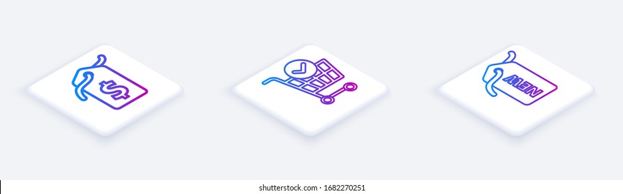 Set Isometric line Price tag with dollar, Shopping cart with check mark and Price tag with New. White square button. Vector