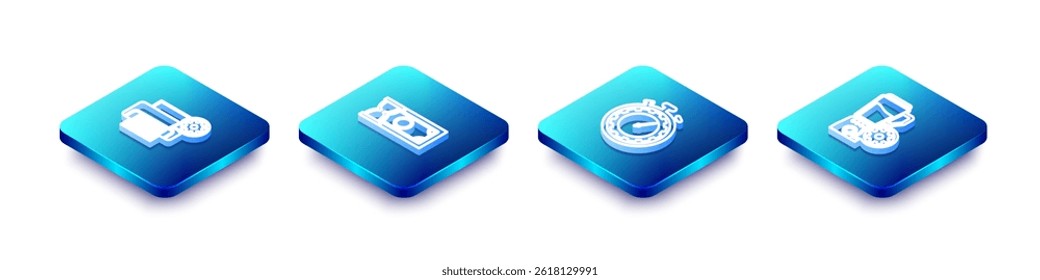 Set Isometric line Printer setting, Fast payments, Time management and Blender with bowl icon. Vector