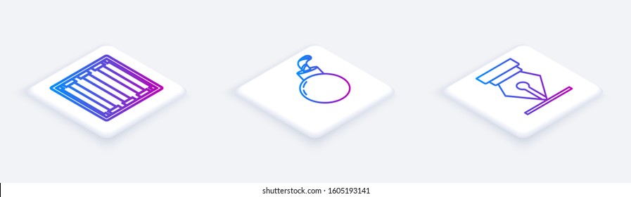 Set Isometric line Prison window, Bomb ready to explode and Fountain pen nib. White square button. Vector