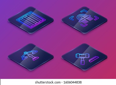 Set Isometric line Prison window, Scales of justice, Fingerprint and Judge gavel. Blue square button. Vector