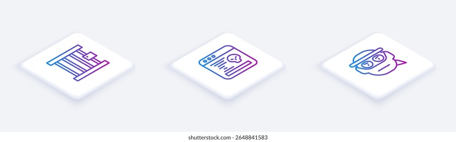 Set Isometric line Prison window, System bug and Bandit. White square button. Vector