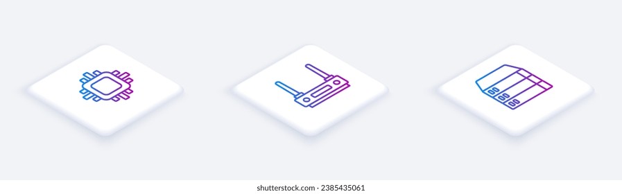 Set Isometric line Processor with CPU, Router and wi-fi signal and Server, Data, Web Hosting. White square button. Vector