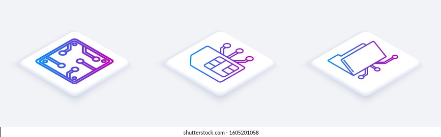 Set Isometric line Processor, Sim card and Folder and lock. White square button. Vector