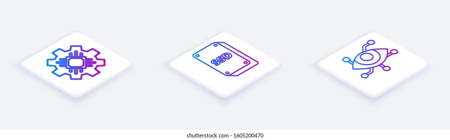 Set Isometric line Processor, SSD card and Virtual reality. White square button. Vector