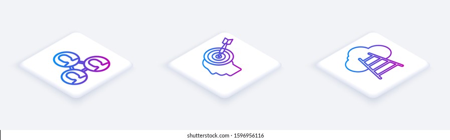 Set Isometric line Project team base, Head hunting concept and Ladder leading to cloud. White square button. Vector