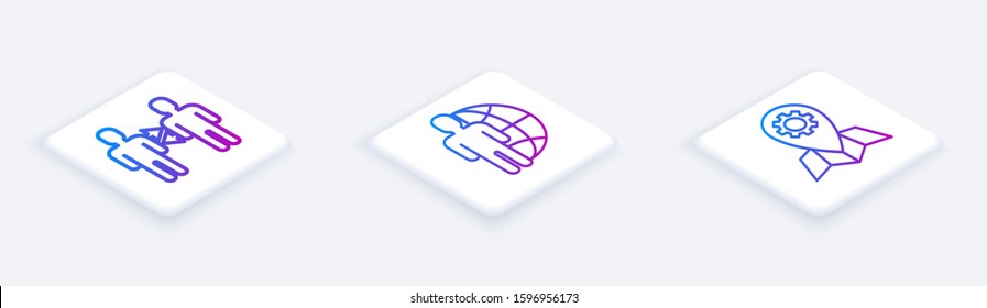 Set Isometric line Project team base, Globe and people and Location job. White square button. Vector