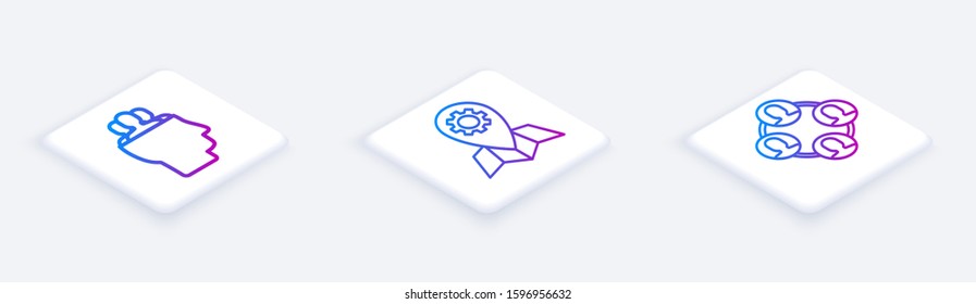 Set Isometric line Project team base, Location job and Project team base. White square button. Vector
