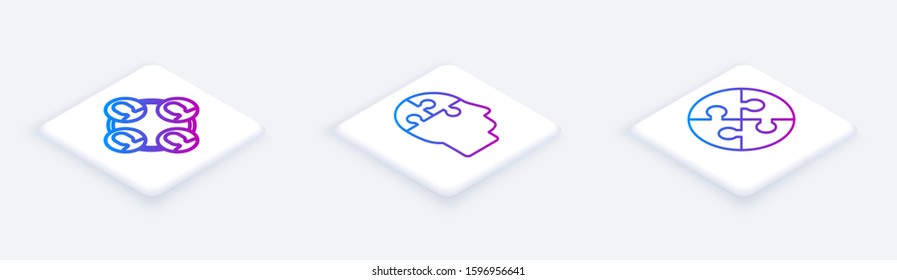 Set Isometric line Project team base, Human head puzzles strategy and Piece of puzzle. White square button. Vector
