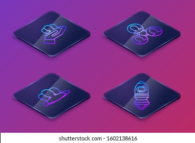 Set Isometric line Project team base, Users group, Project team base and Rocket ship with fire. Blue square button. Vector