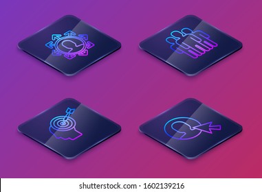 Set Isometric line Project team base, Head hunting concept, Users group and User of man in business suit. Blue square button. Vector