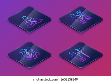 Set Isometric line Project team base, Gear with dollar symbol, User of man in business suit and Man holding flag. Blue square button. Vector