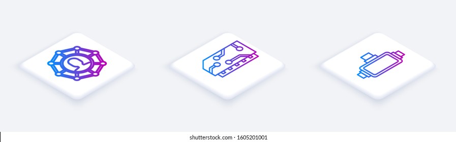 Set Isometric line Project team base, RAM, random access memory and Virtual reality glasses. White square button. Vector