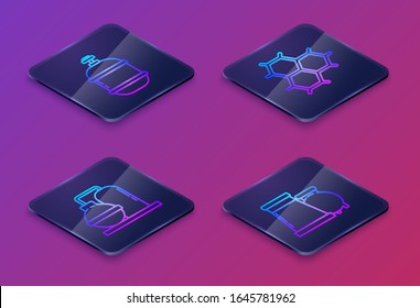 Set Isometric line Propane gas tank, Oil and gas industrial factory building, Chemical formula consisting of benzene rings and Oil and gas industrial factory building. Blue square button. Vector