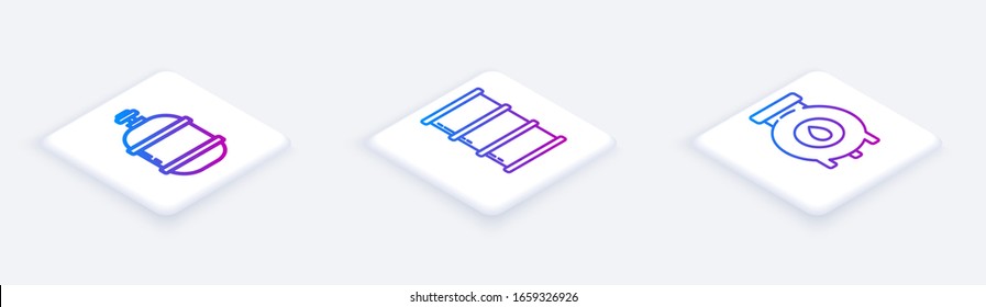 Set Isometric line Propane gas tank, Barrel oil and Oil and gas industrial factory building. White square button. Vector