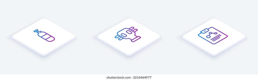 Set Isometric line Propane gas tank, Gas mask and Chemistry report. White square button. Vector