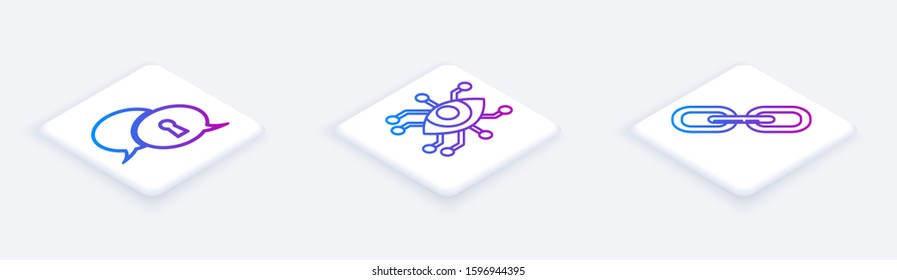 Set Isometric line Protection of personal data , Eye scan  and Chain link . White square button. Vector