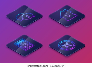 Set Isometric line Protection of personal data , Password protection and safety access , House under protection  and Safe . Blue square button. Vector