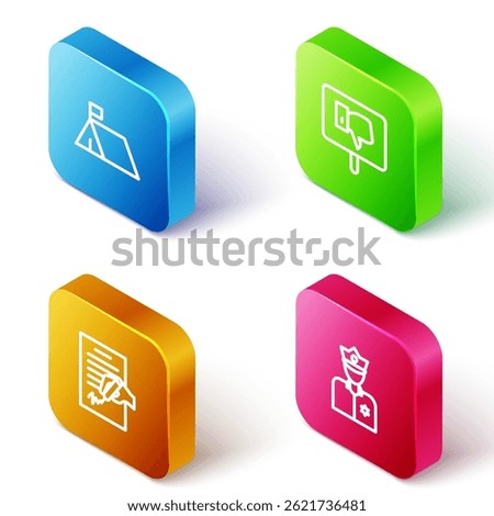 Set Isometric line Protest camp, , Petition and Police officer icon. Vector